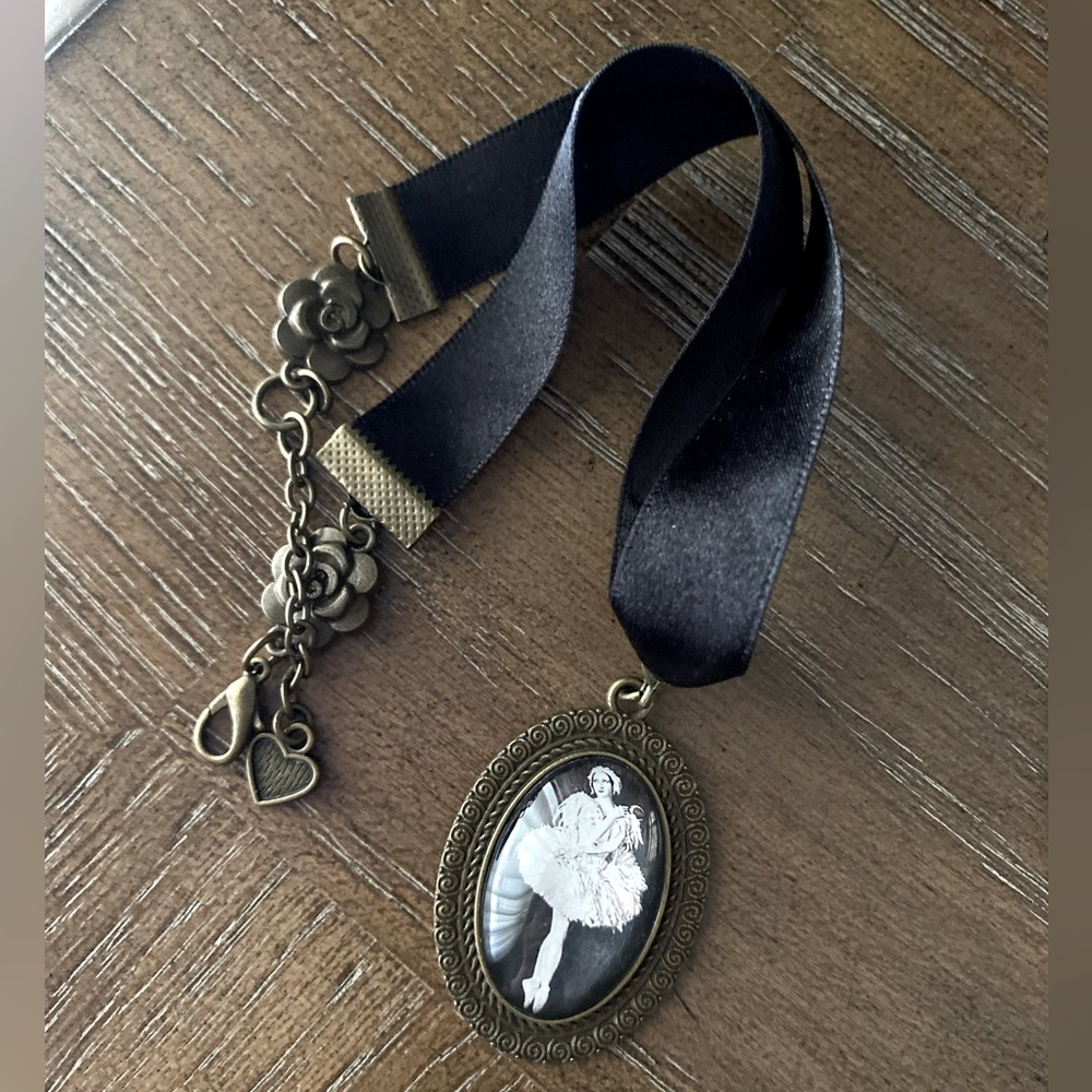 Vintage-Style Ballerina Cameo Pendant Chocker Necklace on Satin Black Ribbon